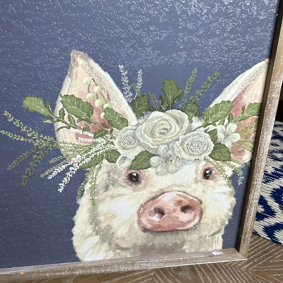 NEW! Cottage Farmhouse Rustic Wood Frame Farm Pig Glitter Floral Rose Crown Art - Picture 9 of 9